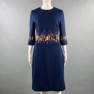 CAROLINA HERRERA Size 6 Blue Multi Color Wool Beaded Back Zip Dress